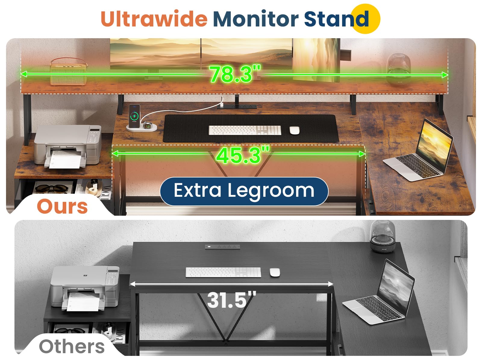 UPOSOJA L Shaped Gaming Desk with Power Outlet, 78" Reversible Corner Computer Desk with File Drawers & LED Strip, Home Office Desk with Storage Shelves Monitor Shelf CPU Stand Mouse Pad Brown