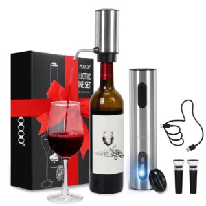 moocoo electric wine opener gift set, automatic electric wine bottle corkscrew opener rechargeable with foil cutter, automatic aerator, 2 vacuum stoppers for home bar outdoor parties, stainless steel