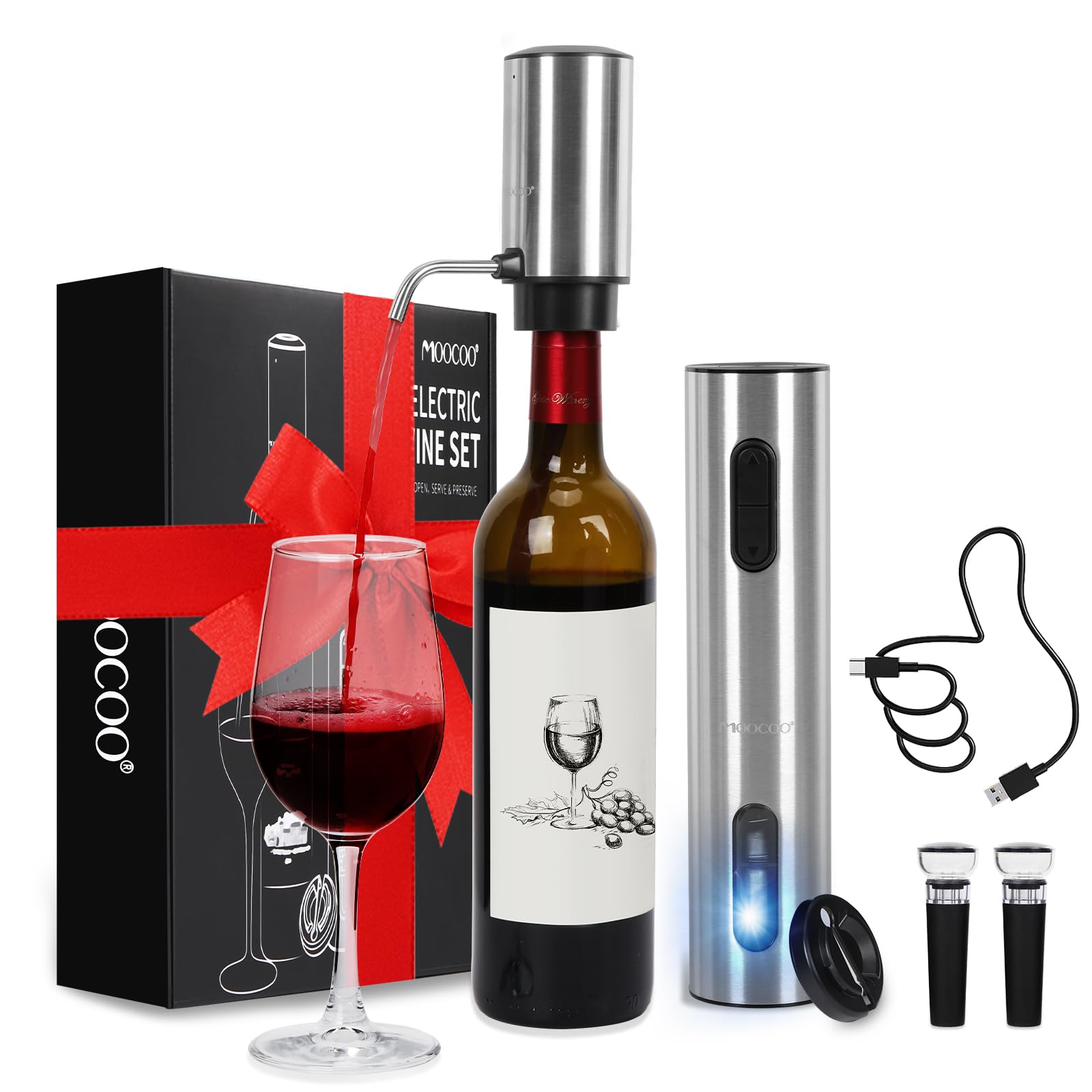 Moocoo Electric Wine Opener Gift Set, Automatic Electric Wine Bottle Corkscrew Opener Rechargeable with Foil Cutter, Automatic Aerator, 2 Vacuum Stoppers for Home Bar Outdoor Parties, Stainless Steel