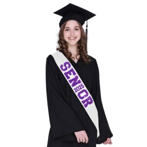 6Pcs White Senior 2025 Satin Sashes with Purple Glitter Letters- 2025 Graduation Celebrations Sashes - Senior Cheer Sash - Cheerleader Sash - Class Competition Sashes