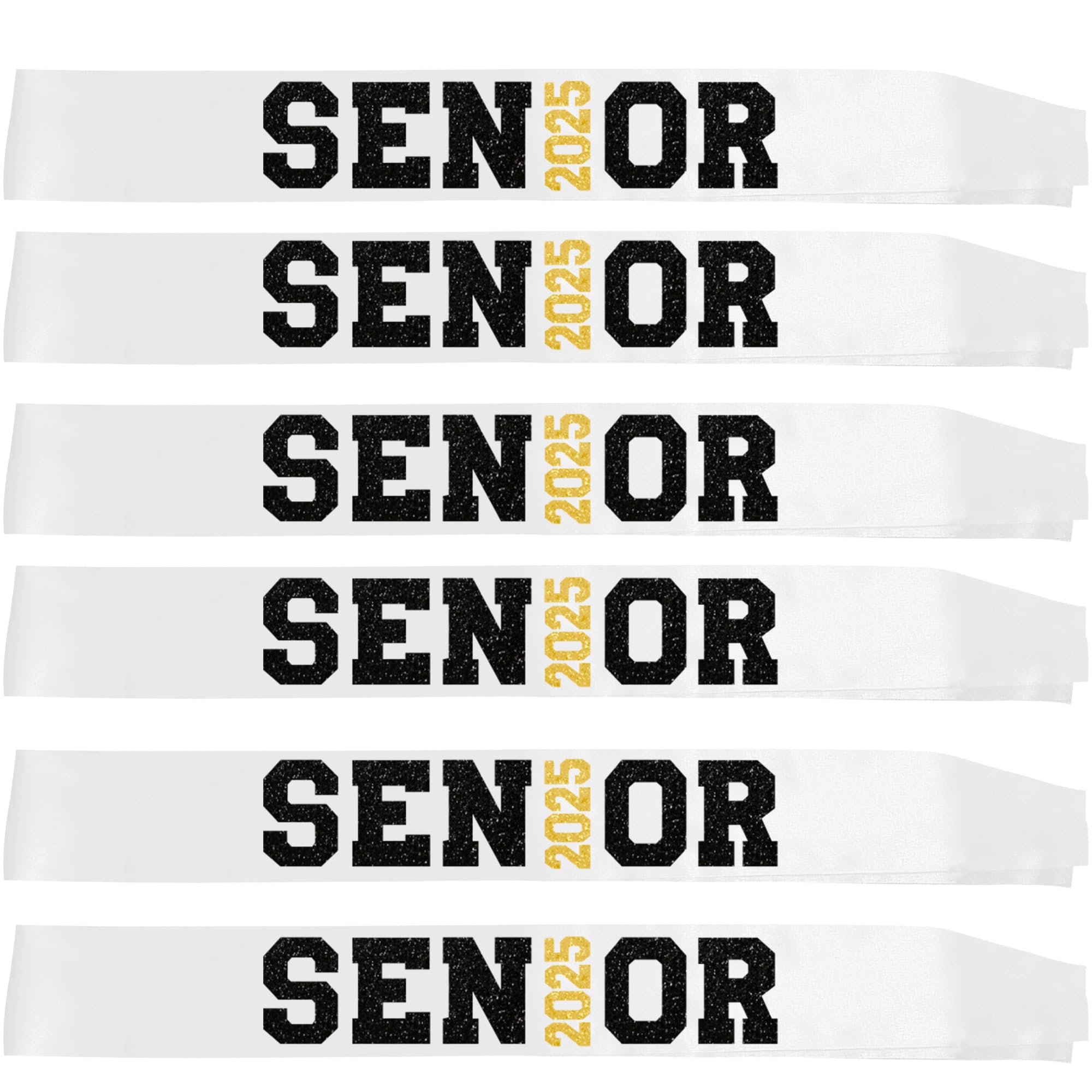 6Pcs White Senior 2025 Satin Sashes with Black Gold Glitter Letters- 2025 Graduation Celebrations Sashes - Senior Cheer Sash - Cheerleader Sash - Class Competition Sashes