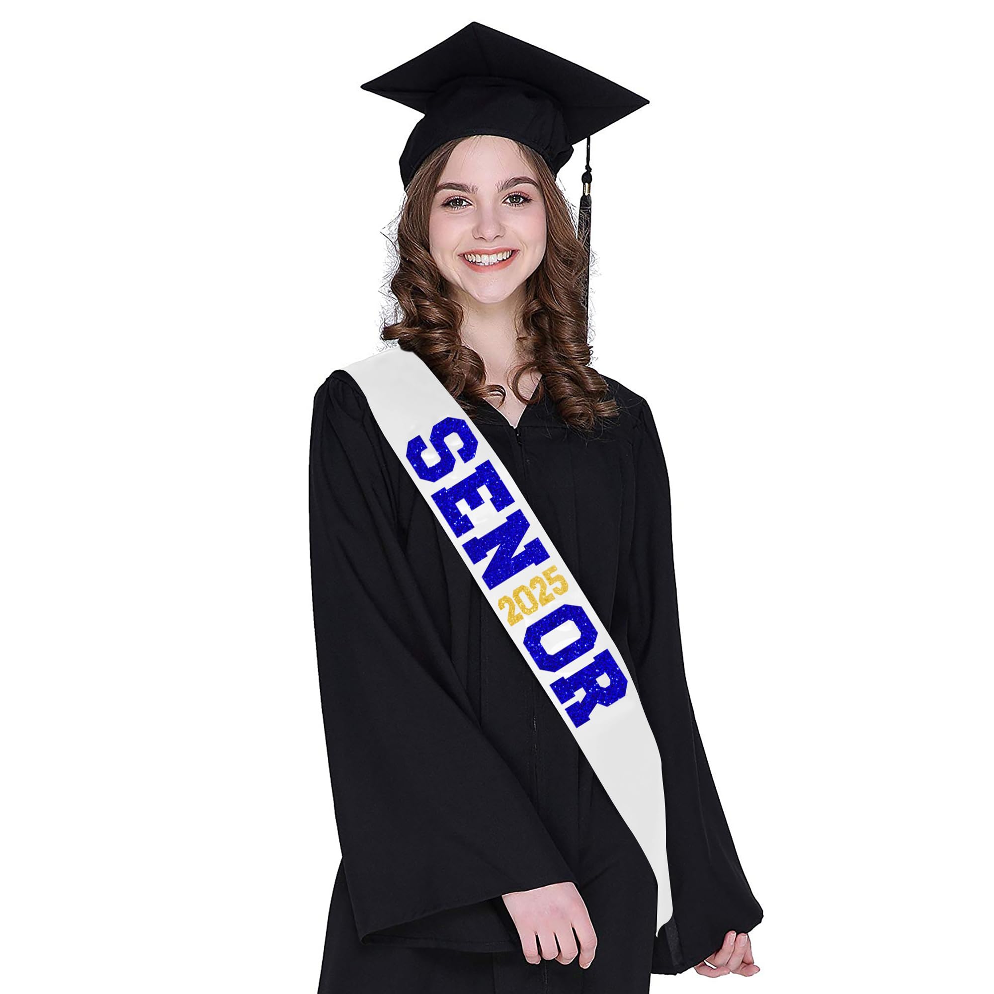 6Pcs White Senior 2025 Satin Sashes with Blue Gold Glitter Letters- 2025 Graduation Celebrations Sashes - Senior Cheer Sash - Cheerleader Sash - Class Competition Sashes