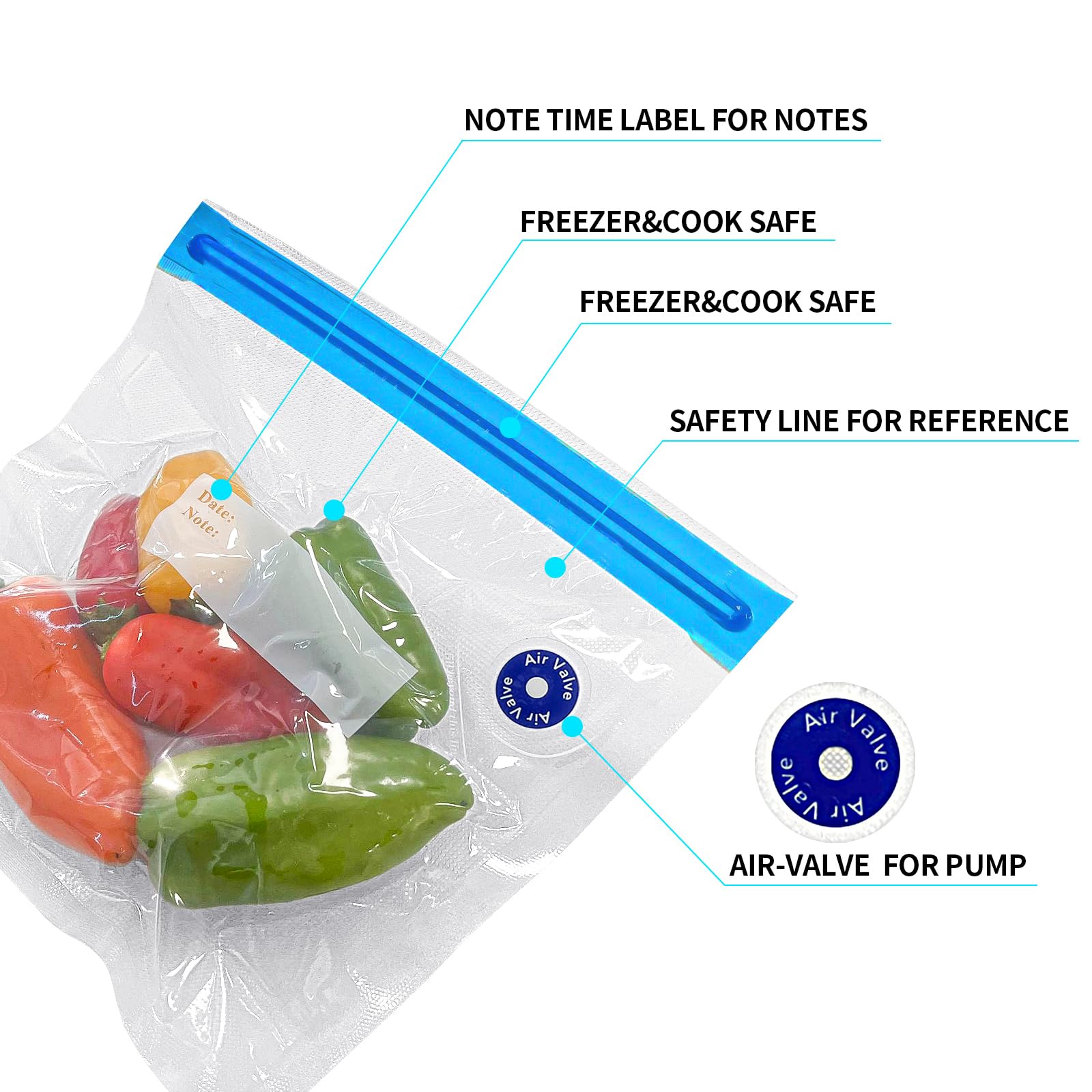 Sous Vide Bags Reusable 24 Pcs, BPA Free Resealable Vacuum Seal Bags 15 pcs for food with 5 Air Valves, 2 Seal Clips and 2 Sous Vide Clips for cooking, High Temperature Cooking, Food Refrigeration.