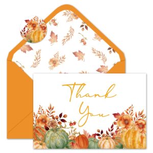 whaline 24 pack fall thank you cards bulk watercolor orange green pumpkin greeting cards with envelopes stickers blank note cards for autumn party supplies, 4 x 6 inch