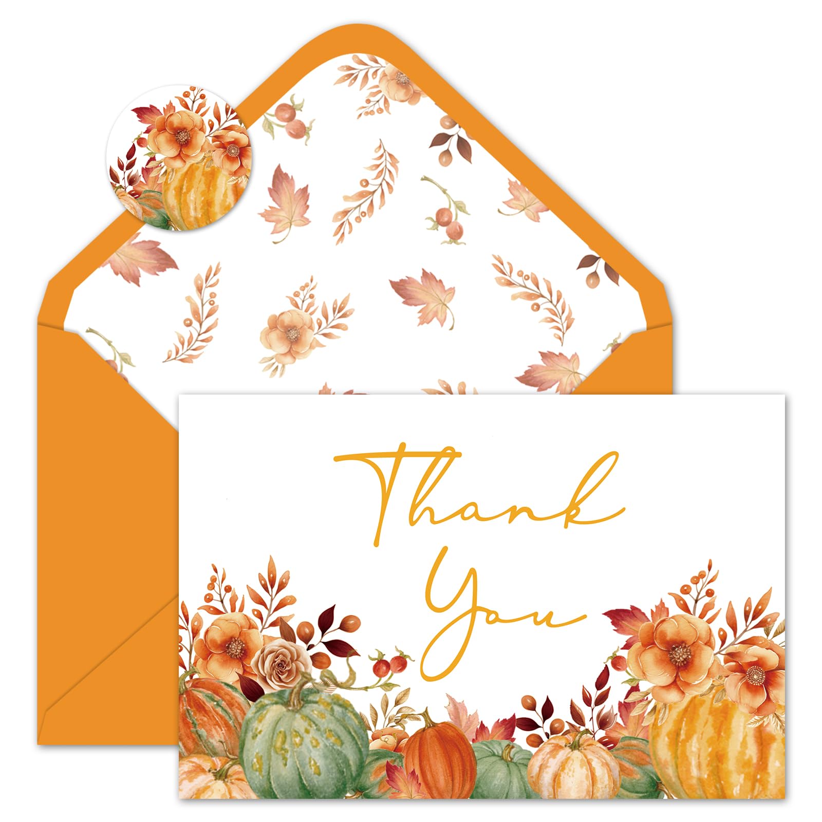 Whaline 24 Pack Fall Thank You Cards Bulk Watercolor Orange Green Pumpkin Greeting Cards with Envelopes Stickers Blank Note Cards for Autumn Party Supplies, 4 x 6 Inch