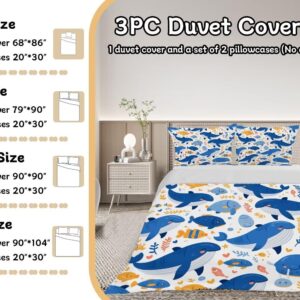 Lokaluo Whale Duvet Cover Full Size 3D Printed Cartoon Blue Whale Duvet Cover Set Blue Ocean Animal Themed Sealife Tropical Beach Bedding Set Bedroom Decor 3 Pcs Comforter Cover with 2 Pillowcases