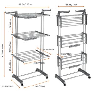 4 Tier Clothes Drying Rack Oversized, Foldable& Adjustable Height Rolling Clothes Rack Stainless Steel with 4 Castor, 24 Drying Poles,14 Hook& 2 Sock Clippers, Drying Rack Clothing for Indoor& Outdoor