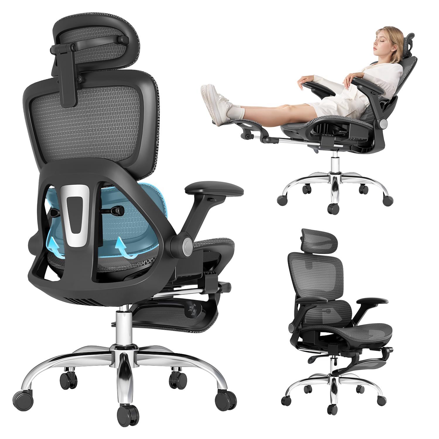 Ergonomic Office Chair, 400 LBS Capacity, Adjustable Adaptive Lumbar Support, High Back Mesh Chair with Flip-up Arms, Retractable Footrest, Gaming Chair