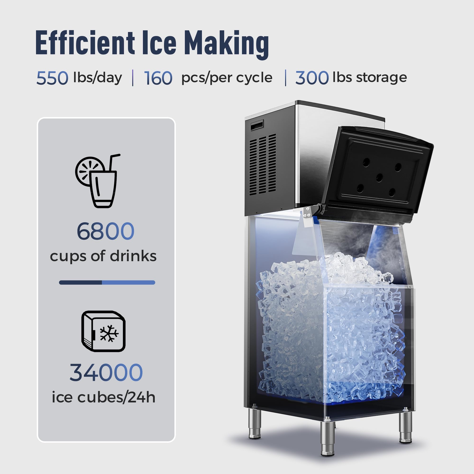 ICEVIVAL Commercial Ice Maker Machine, 550lbs/Day, SECOP Compressor&ETL, Auto-Cleaning Stainless Steel Commercial Ice Machine, 300lbs Storage, Ice Ready in 8 to 15mins, Air Cooled, Restaurant/Business