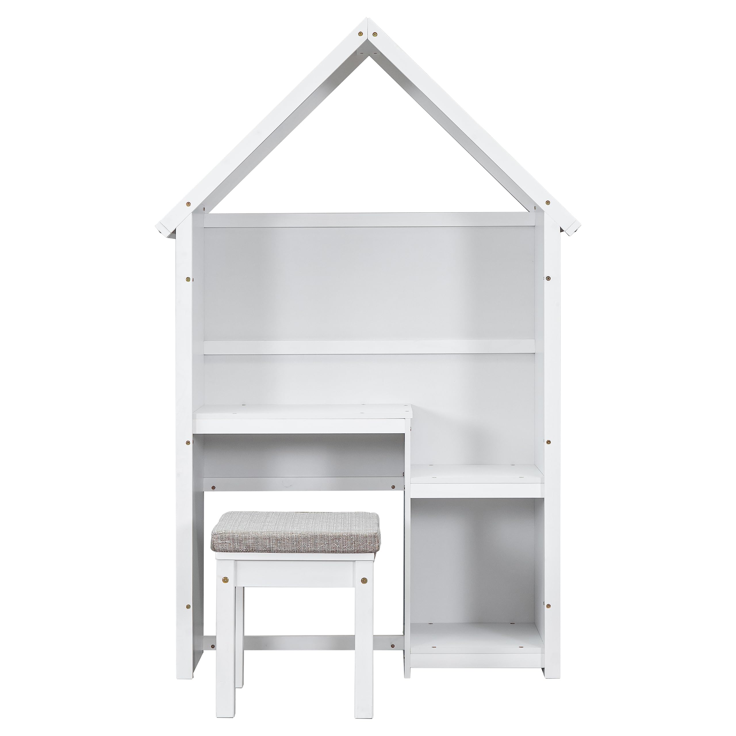 FocusOnHome House-Shaped Kids Desk with A Cushion Stool, House-Style Desk and Stool Set, White