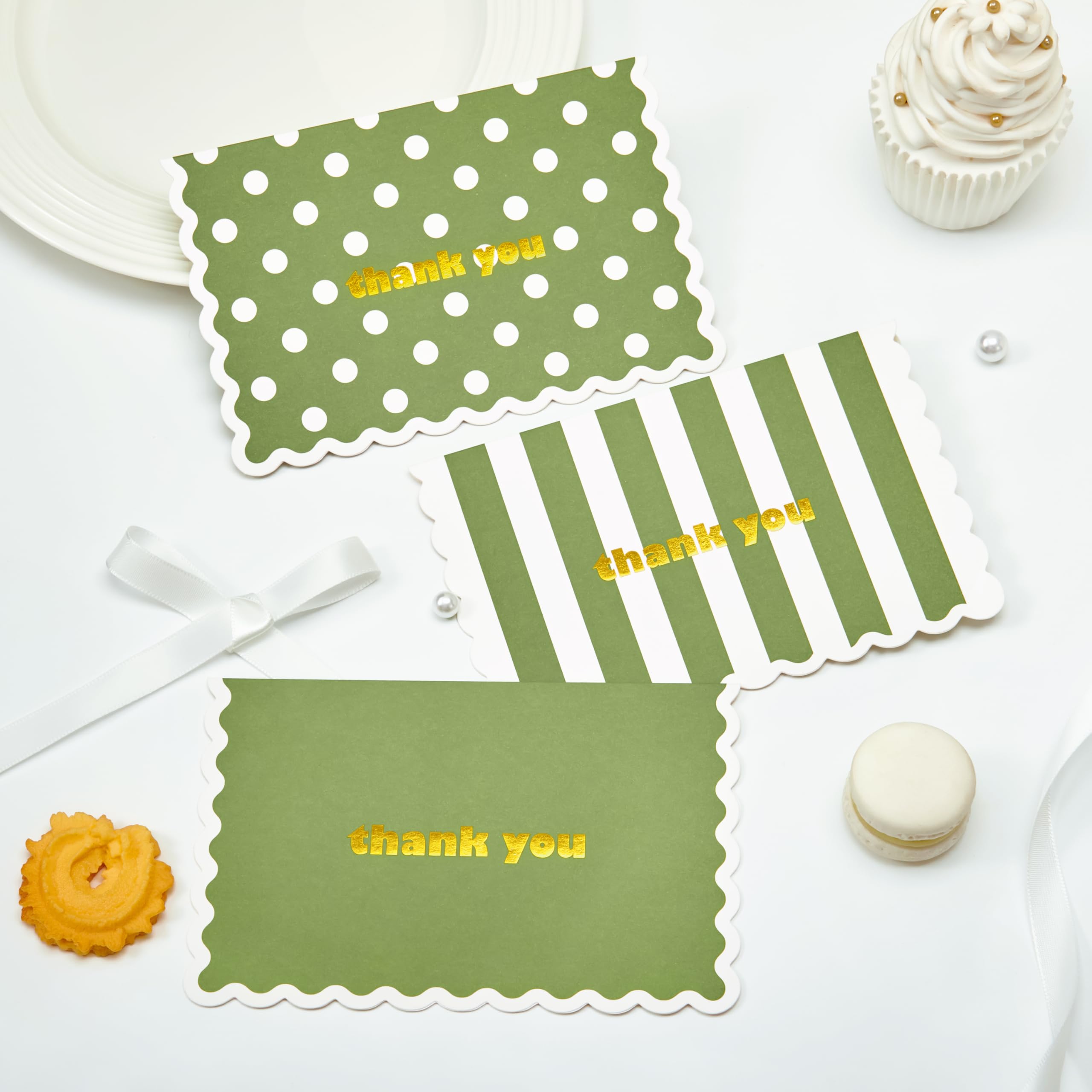 Crisky 3 Assortment Gold Foil Wavy Green Thank You Cards with Envelopes (50 Pack) for Birthday, Baby Shower, Bridal Shower, Wedding, Graduation