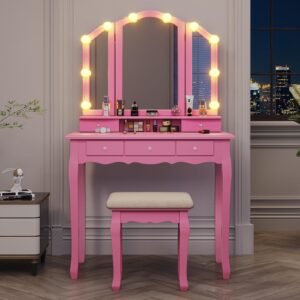 Tiptiper Vanity Desk with Tri-Fold Mirror and Lights, Makeup Vanity with Wood Upholstered Stool, Vanity Table with 5 Drawers & 8 Jewelry Hooks, Small Vanity, Pink