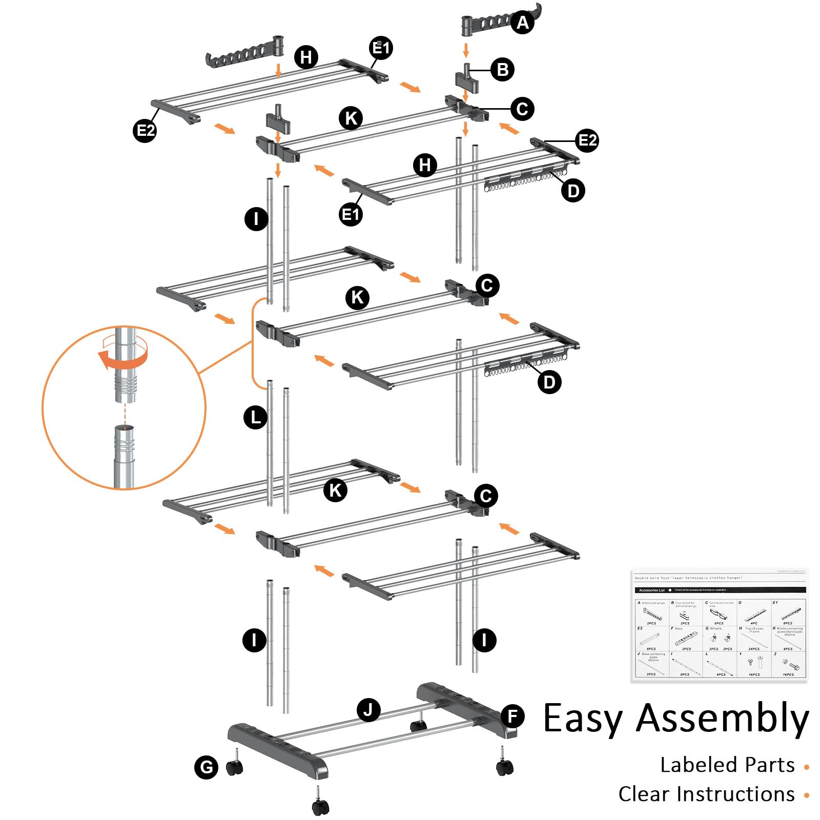 4 Tier Clothes Drying Rack Oversized, Foldable& Adjustable Height Rolling Clothes Rack Stainless Steel with 4 Castor, 24 Drying Poles,14 Hook& 2 Sock Clippers, Drying Rack Clothing for Indoor& Outdoor