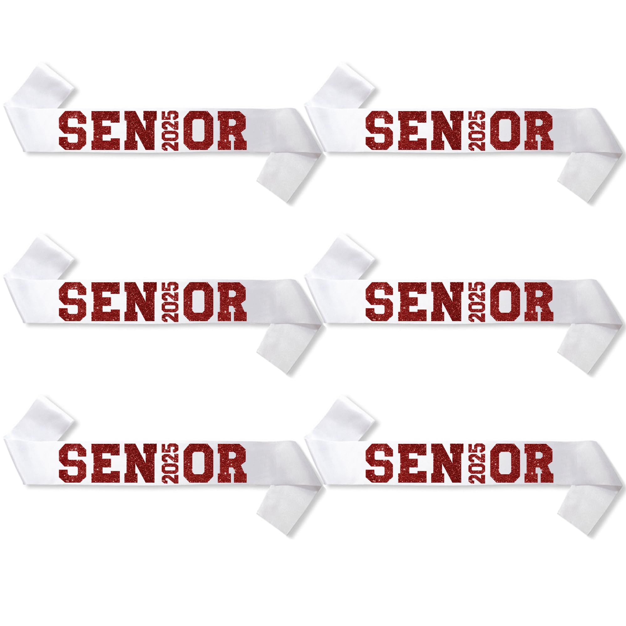 6Pcs White Senior 2025 Satin Sashes with Maroon Glitter Letters- 2025 Graduation Celebrations Sashes - Senior Cheer Sash - Cheerleader Sash - Class Competition Sashes