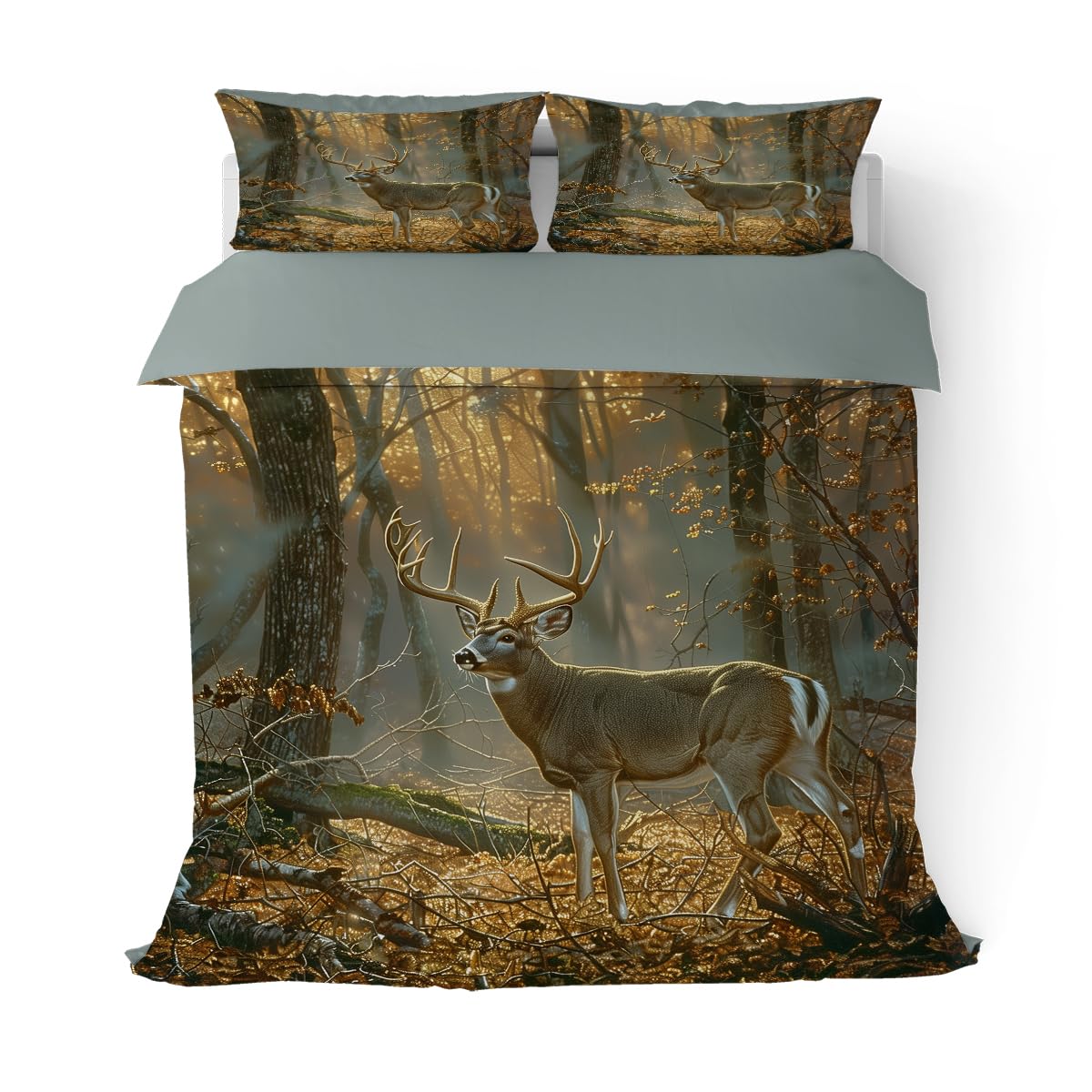 Whitetail Deer Duvet Cover Set King Size, Hunting Wildlife Autumn Nature Forest Bedding Set 3 Pieces Soft Microfiber Quilt Cover for Kids Boys Teens Bedroom Decor, Comforter Cover with 2 Pillowcase