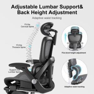 Ergonomic Office Chair, 400 LBS Capacity, Adjustable Adaptive Lumbar Support, High Back Mesh Chair with Flip-up Arms, Retractable Footrest, Gaming Chair