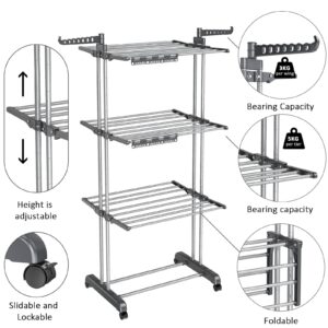 4 Tier Clothes Drying Rack Oversized, Foldable& Adjustable Height Rolling Clothes Rack Stainless Steel with 4 Castor, 24 Drying Poles,14 Hook& 2 Sock Clippers, Drying Rack Clothing for Indoor& Outdoor