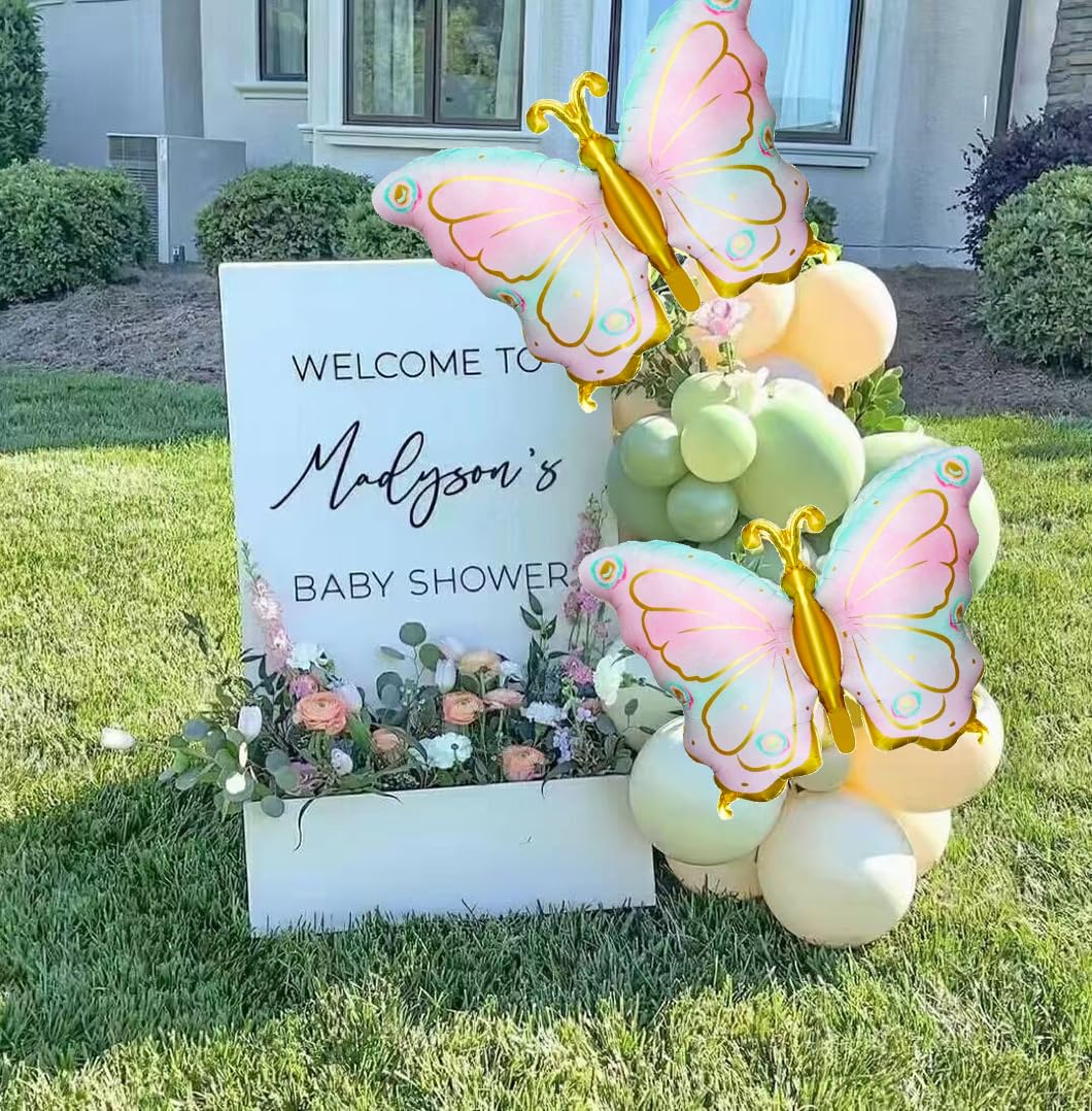 2Pcs Big Butterfly Balloons Pastel Pink Butterfly Foil Mylar Balloon,Colorful Butterfly Themed Baby Shower Girl Birthday Party,Wedding Summer Party Decorations Supplies(Light Pink Gradient Gold)