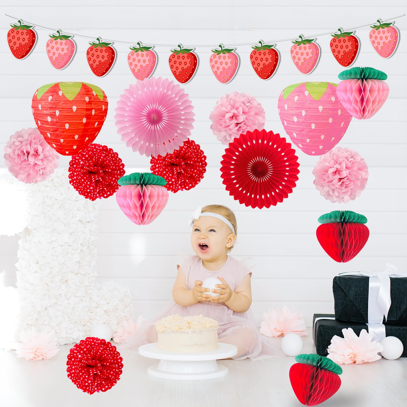 Strawberry Party Decorations Strawberry Hanging Banner Red Pink Tissue Pom Poms Fans Honeycomb Balls Lanterns for Berry Sweet Fruits 1st Birthday Bridal Baby Shower Decorations Supplies