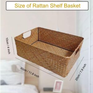 1 Pcs Handwoven Wicker Shelf Baskets, Natural Bamboo Rectangular Organizing Baskets for Shelf/Table, Built-in Iron Rack Wicker Storage Basket for Snack Cat Strip Small Things