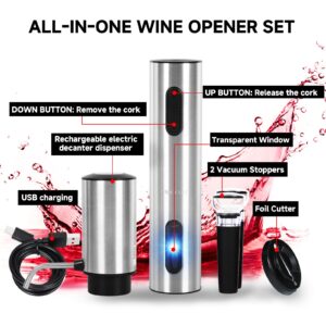 Moocoo Electric Wine Opener Gift Set, Automatic Electric Wine Bottle Corkscrew Opener Rechargeable with Foil Cutter, Automatic Aerator, 2 Vacuum Stoppers for Home Bar Outdoor Parties, Stainless Steel