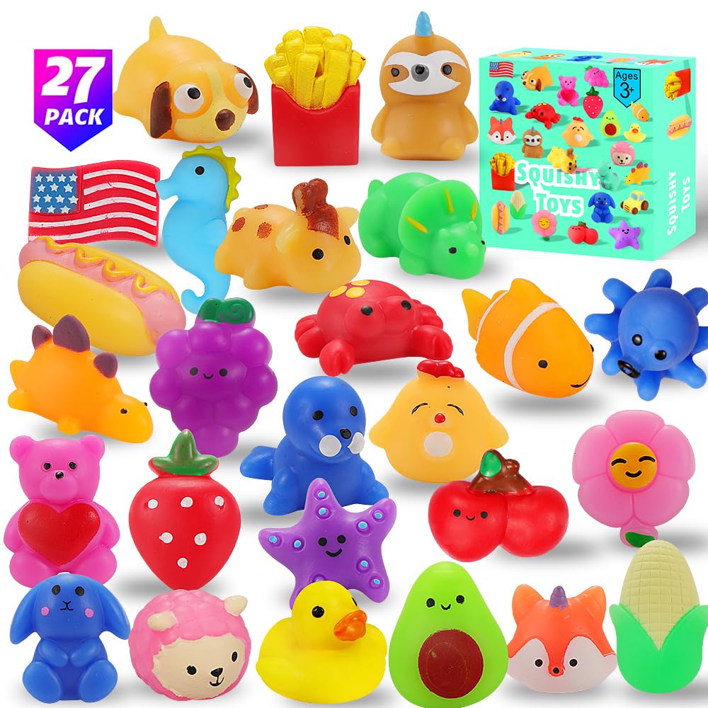 VNAMO Squishy Toys, 27-Pack Squishies Party Favors for Boys Girls Kids, Mochi Mini Kawaii Squishy Fidget Stress Reliever Anxiety Toys Set, Classroom Prize Bulk Gifts for Christmas Treat Goody Bags