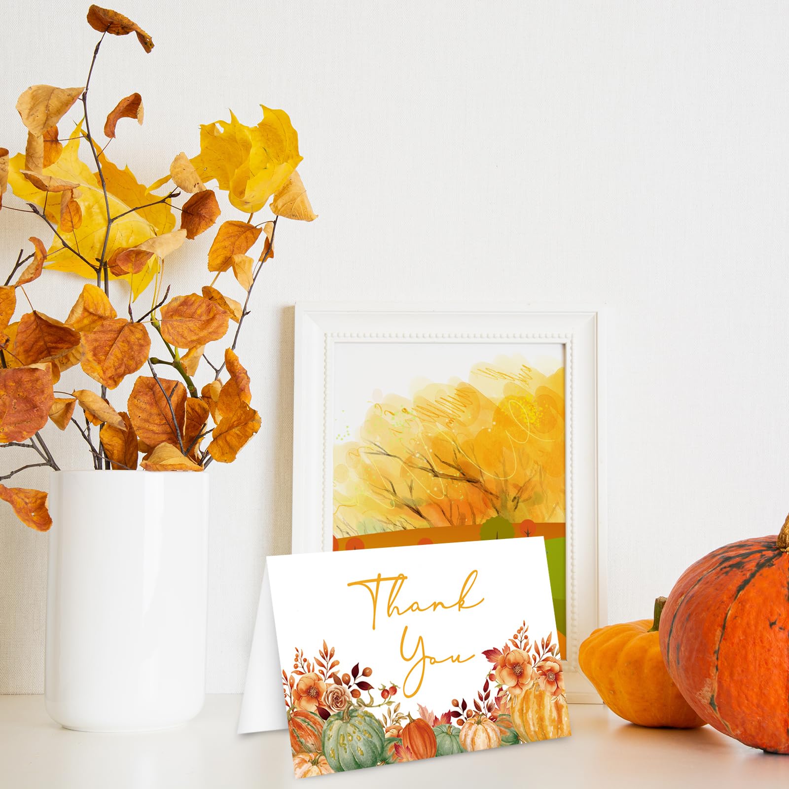 Whaline 24 Pack Fall Thank You Cards Bulk Watercolor Orange Green Pumpkin Greeting Cards with Envelopes Stickers Blank Note Cards for Autumn Party Supplies, 4 x 6 Inch