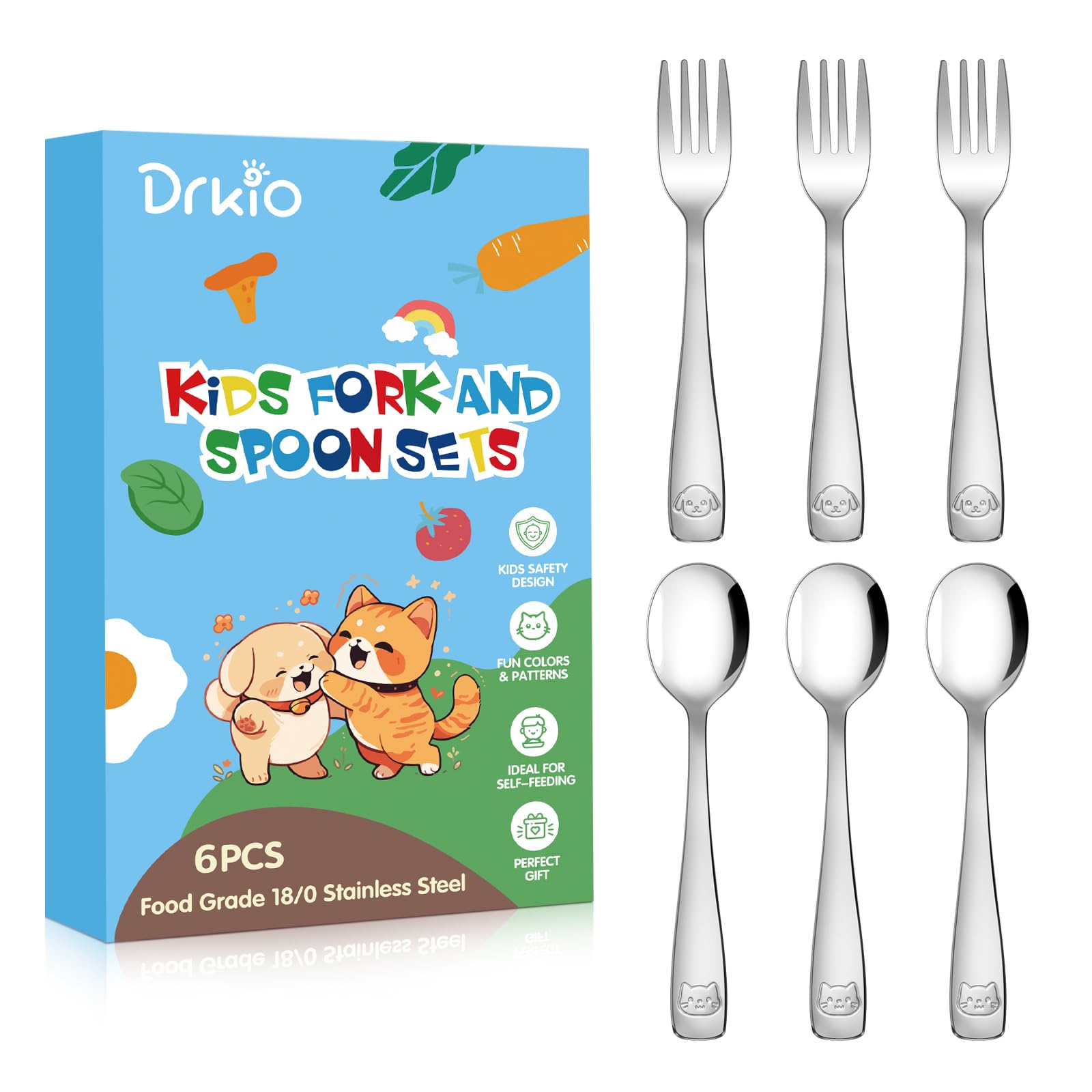 DRKIO Stainless Steel Toddler Utensils Set - 6 Pieces Kids Silverware Set Children Safe Food Grade Small Forks and Spoons Dishwasher Safe Mirror Polished