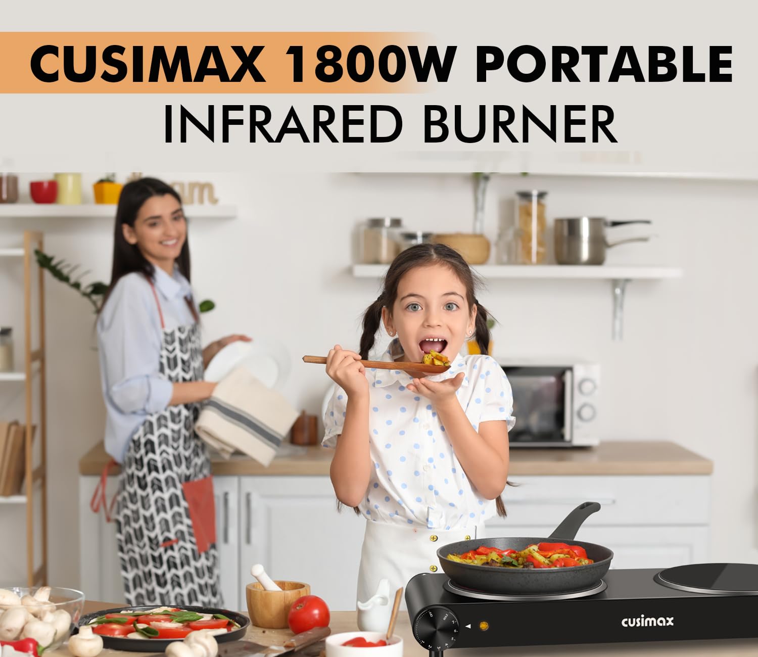 CUSIMAX Double Burner, 1800W Electric Burner Ceramic Hot Plate for Cooking, Dual Control Infrared Burner, Glass Plate Electric Cooktop, Stainless Steel-Upgraded Version