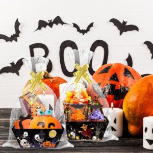 CIEOVO 24 Set Halloween Party Baskets for Gifts Empty with Cellophane Basket Bags Bows, Happy Halloween Market Tray Cardboard Basket to Fill for Halloween Trick or Treat Party Decor