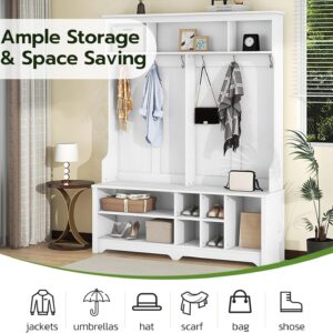 Rovibek Hall Tree with Bench and Shoe Storage Coat Rack 60in Entryway Bench Wooden Shoe Rack Storage Cabinet Shelf Entryway Furniture Home Organizer for Living Room Entryway, White