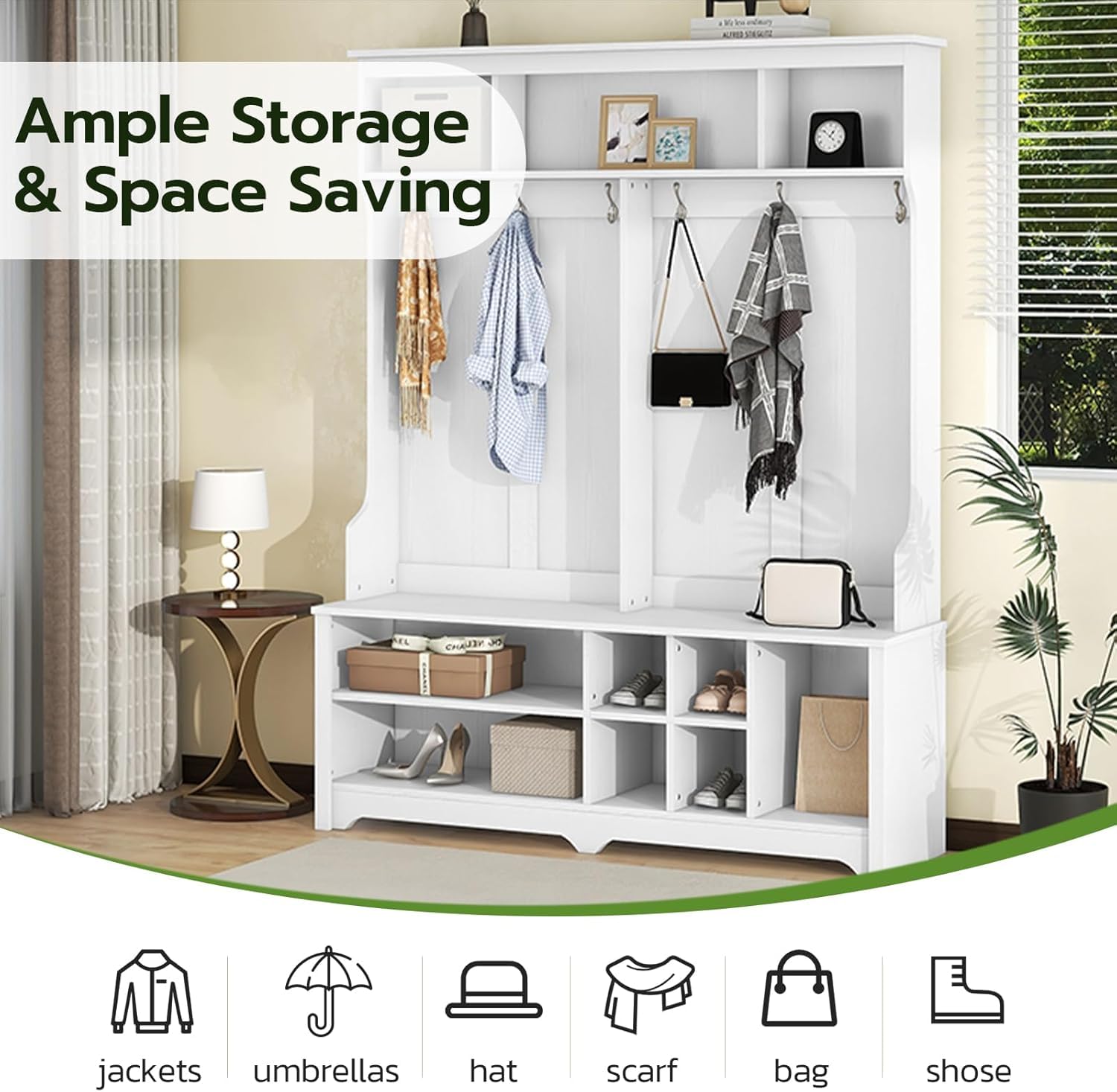 Rovibek Hall Tree with Bench and Shoe Storage Coat Rack 60in Entryway Bench Wooden Shoe Rack Storage Cabinet Shelf Entryway Furniture Home Organizer for Living Room Entryway, White