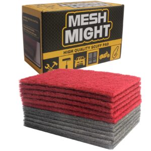 meshmight 6" x 9" non-woven scuff pads, scouring pad, box of 12: 6 fine grade maroon color, 6 extra fine grade grey color; aluminum oxide abrasive, extra durable and thick, for perfect surface finish