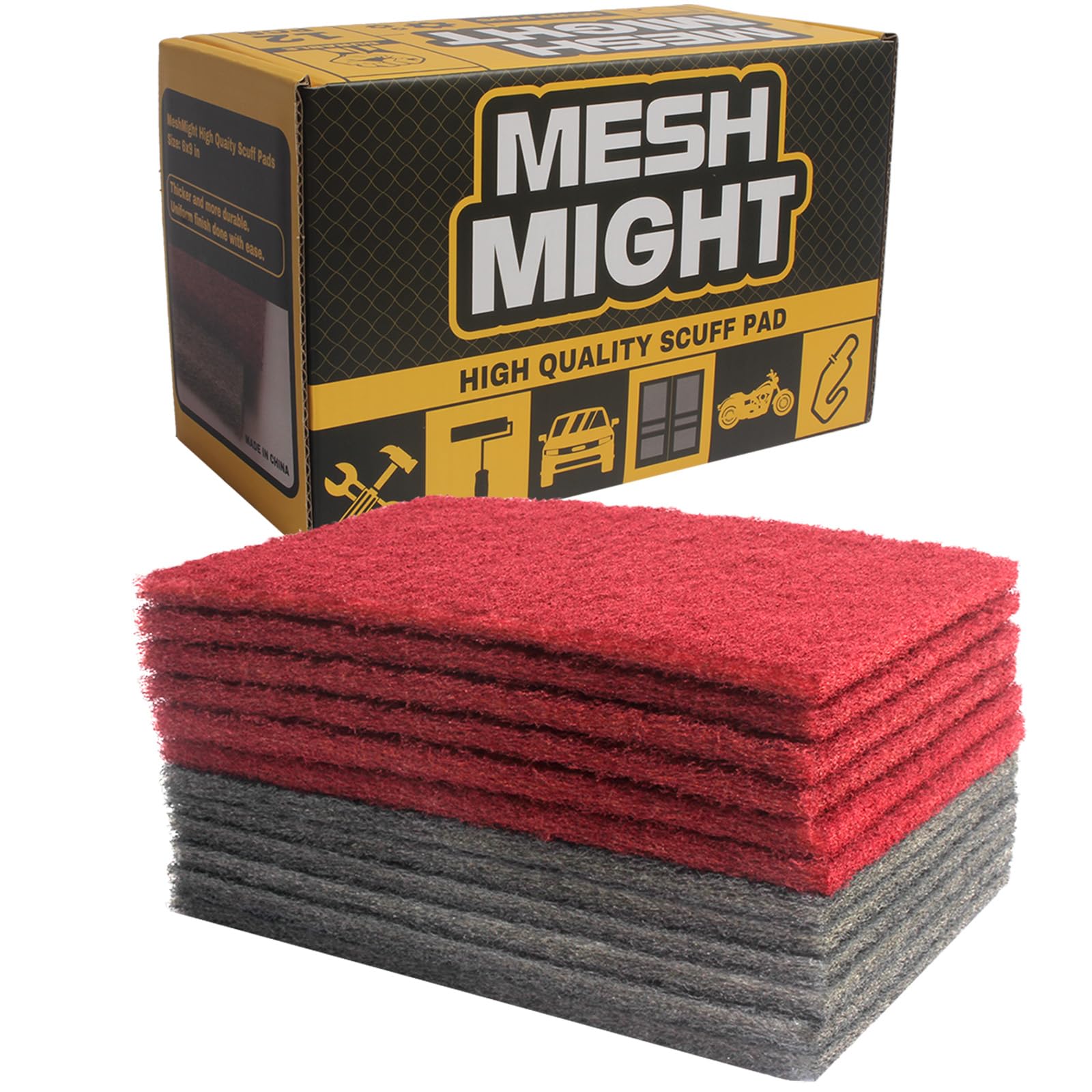 MeshMight 6" x 9" Non-Woven Scuff Pads, Scouring Pad, Box of 12: 6 Fine Grade Maroon Color, 6 Extra Fine Grade Grey Color; Aluminum Oxide Abrasive, Extra Durable and Thick, for Perfect Surface Finish