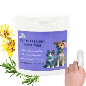 viptuvi dog ear finger wipes - gentle ear cleaner for dogs & cats, removes wax & controls odor, 50 count natural finger wipes for sensitive ears