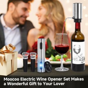 Moocoo Electric Wine Opener Gift Set, Automatic Electric Wine Bottle Corkscrew Opener Rechargeable with Foil Cutter, Automatic Aerator, 2 Vacuum Stoppers for Home Bar Outdoor Parties, Stainless Steel