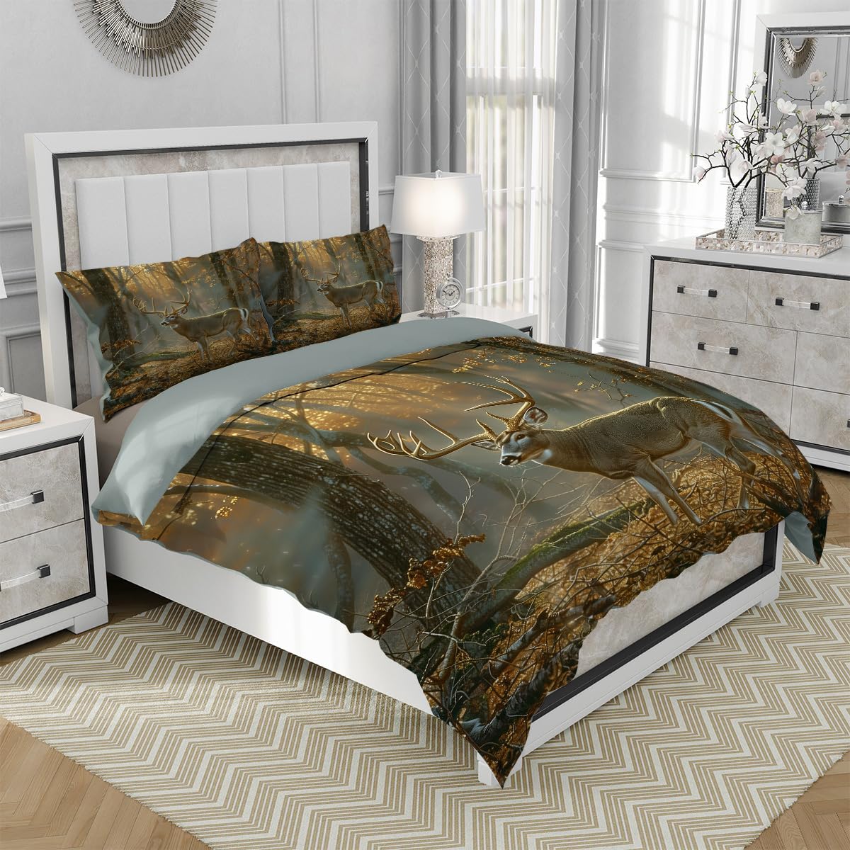 Whitetail Deer Duvet Cover Set King Size, Hunting Wildlife Autumn Nature Forest Bedding Set 3 Pieces Soft Microfiber Quilt Cover for Kids Boys Teens Bedroom Decor, Comforter Cover with 2 Pillowcase