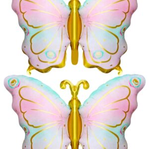 2Pcs Big Butterfly Balloons Pastel Pink Butterfly Foil Mylar Balloon,Colorful Butterfly Themed Baby Shower Girl Birthday Party,Wedding Summer Party Decorations Supplies(Light Pink Gradient Gold)