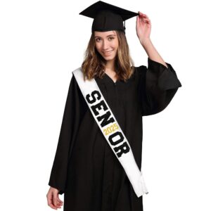 6Pcs White Senior 2025 Satin Sashes with Black Gold Glitter Letters- 2025 Graduation Celebrations Sashes - Senior Cheer Sash - Cheerleader Sash - Class Competition Sashes