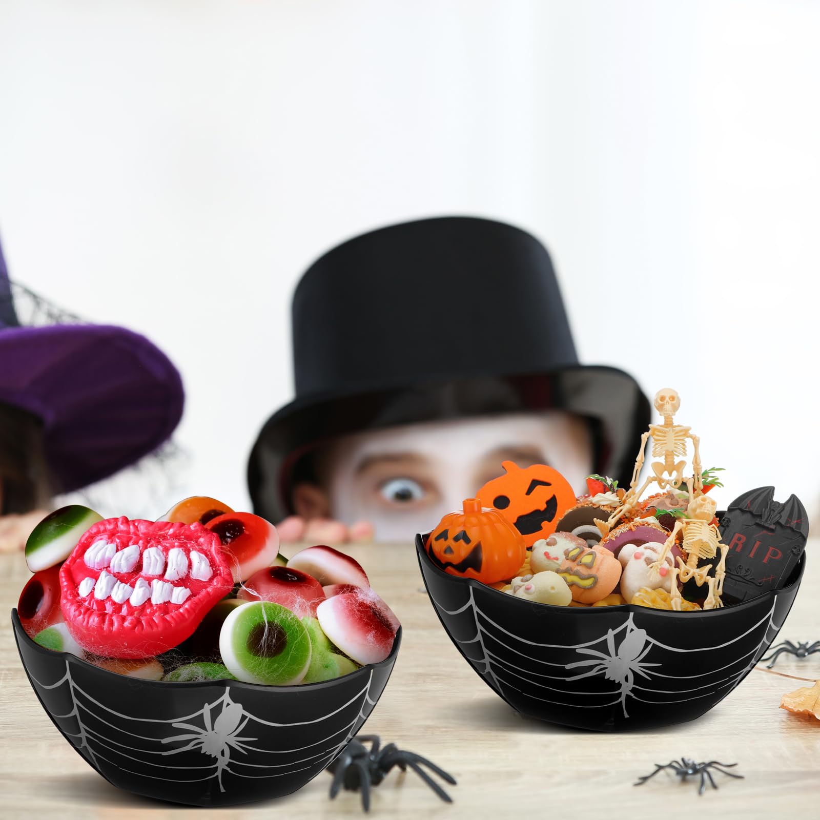 Shellwei 2 Pcs Halloween Candy Bowls Spider Web Serving Bowl Black Melamine Decorative Treat Bowl for Halloween Trick or Treat Kitchenware Party Supplies