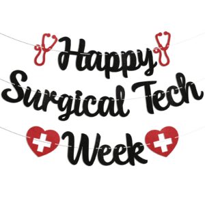 happy surgical tech week banner - surgical technologist appreciation week decor, hospital office clinics, thank you nurse doctor party decor 1 black & red glitter