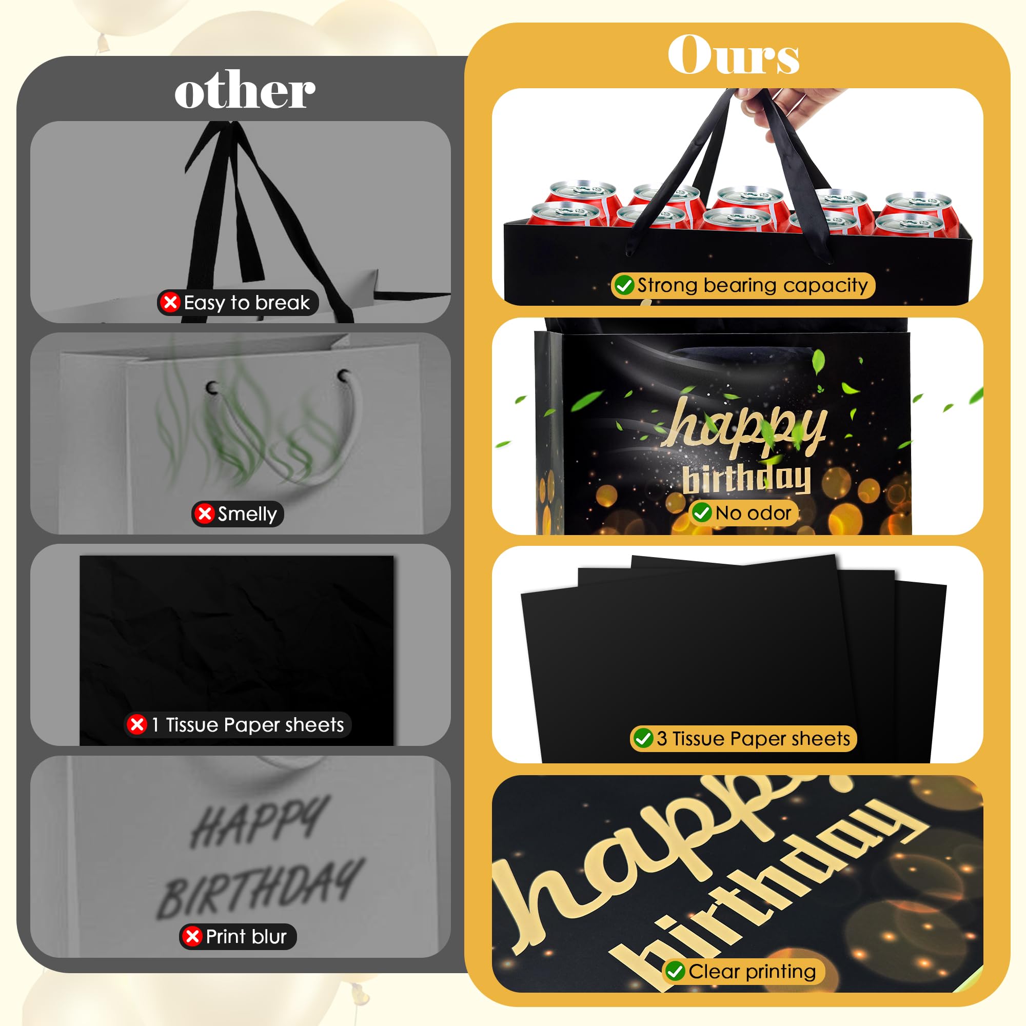 【1 Set】13" Birthday Gift Bag with Birthday Card, Black Gift Bags with Handles, Gift Bags Medium Size with Tissue Paper,Gift Bags Bulk,Birthday Gift Bags Bulk for Men,Kids,Christmas,Party,Thanksgiving