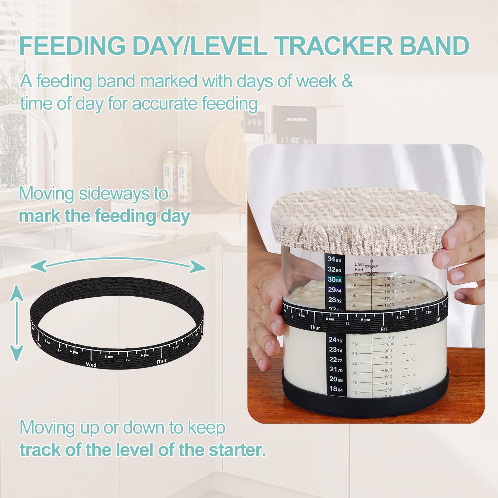 Large Sourdough Starter Jar 66 oz,Sourdough Starter Kit Wide Mouth with Ounce&ML Scale Line,Date Marked Feeding Band, Thermometer, Sourdough Jar Scraper, Cloth Cover & Bamboo Wood Lid (BLACK-66OZ/2L)