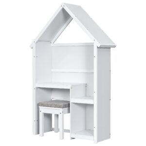 FocusOnHome House-Shaped Kids Desk with A Cushion Stool, House-Style Desk and Stool Set, White