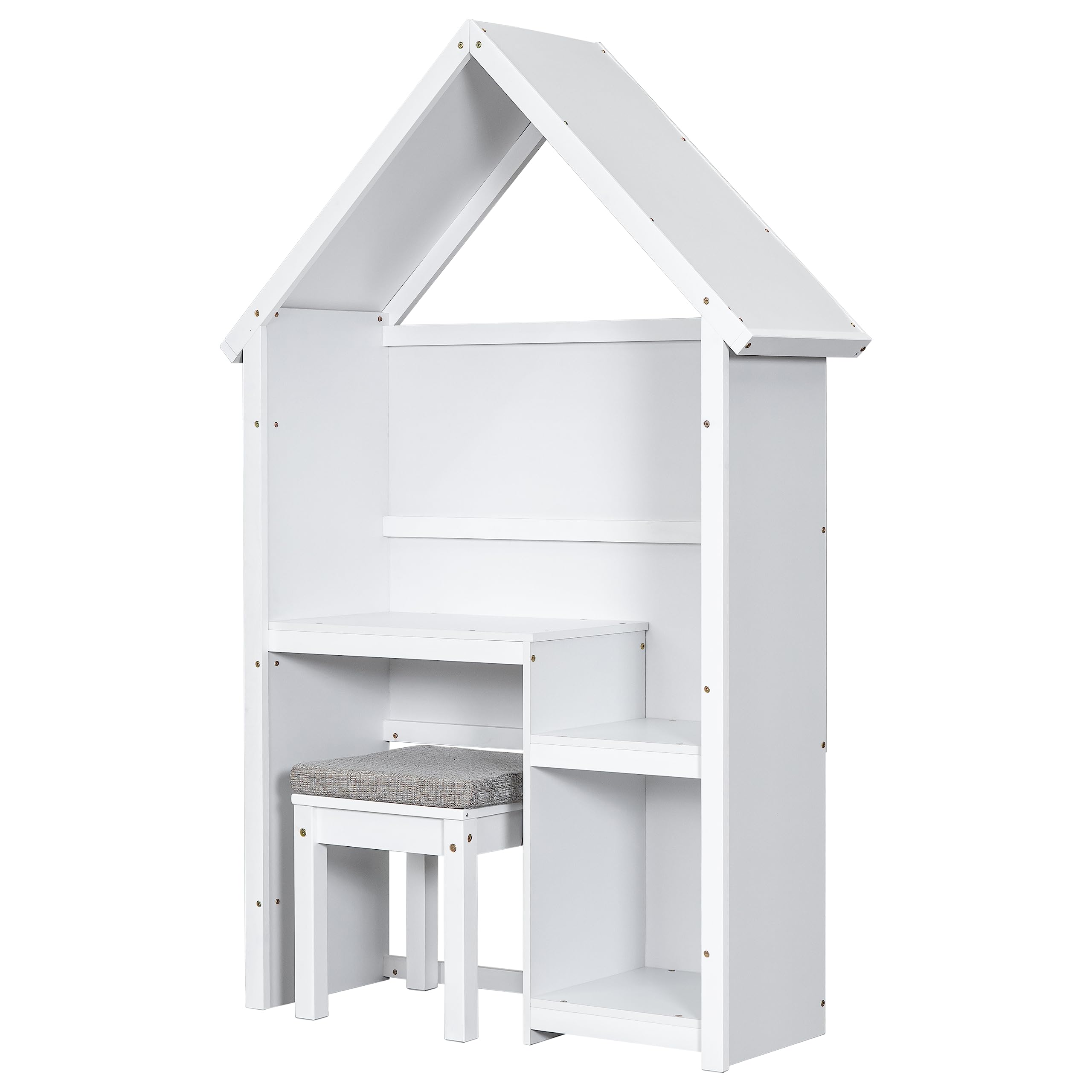 FocusOnHome House-Shaped Kids Desk with A Cushion Stool, House-Style Desk and Stool Set, White