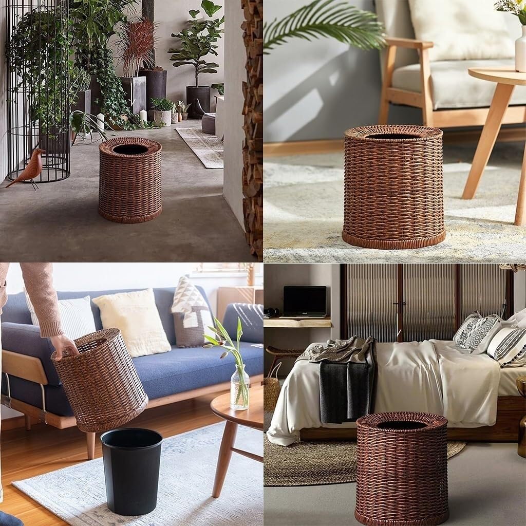 Generic Round Wicker Waste Paper Bin and Basket with Removable Plastic Liner, Drop-in Oval Wicker Waste Basket, Round Organizer Holder for Bathroom, Kitchen, Bedroom, Home, Office (Size : 12L)(8L)