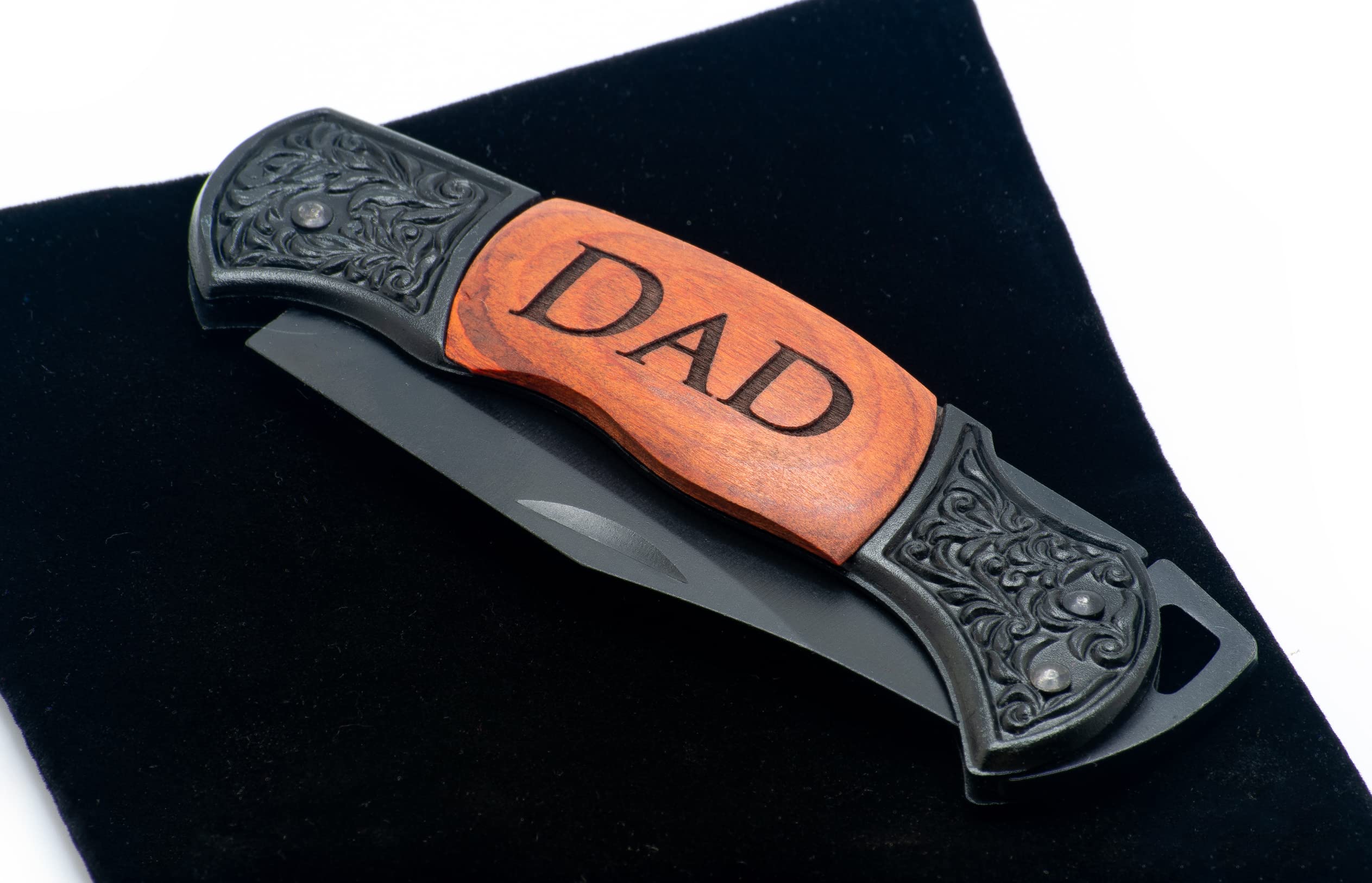 Generic Dad Engraved Rosewood Black Steel 7 Inch Folding Pocket Knife w/ 3 in. Locking Blade (Dad)