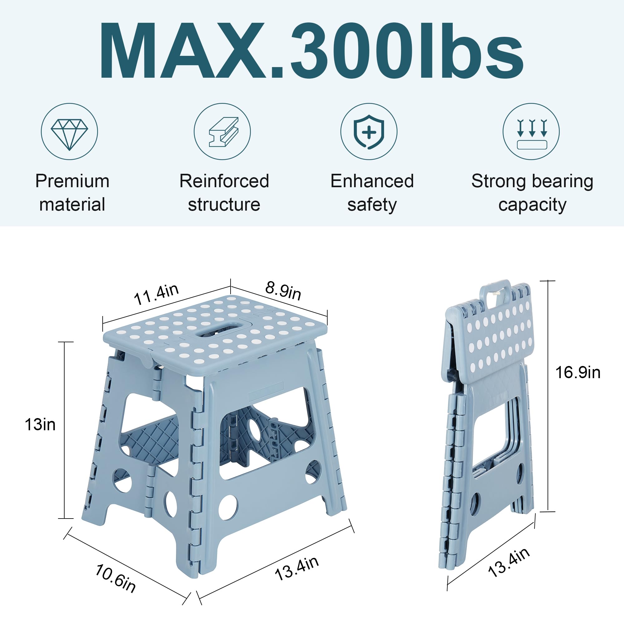 VECELO Folding Step Stool 13 Inch, Non-Slip Surface Portabl Foldable 1 Step Stool with Carry Handle, Heavy Duty to Support Kids/Toddler/Adults for Living Room Kitchen, Bathroom, Blue