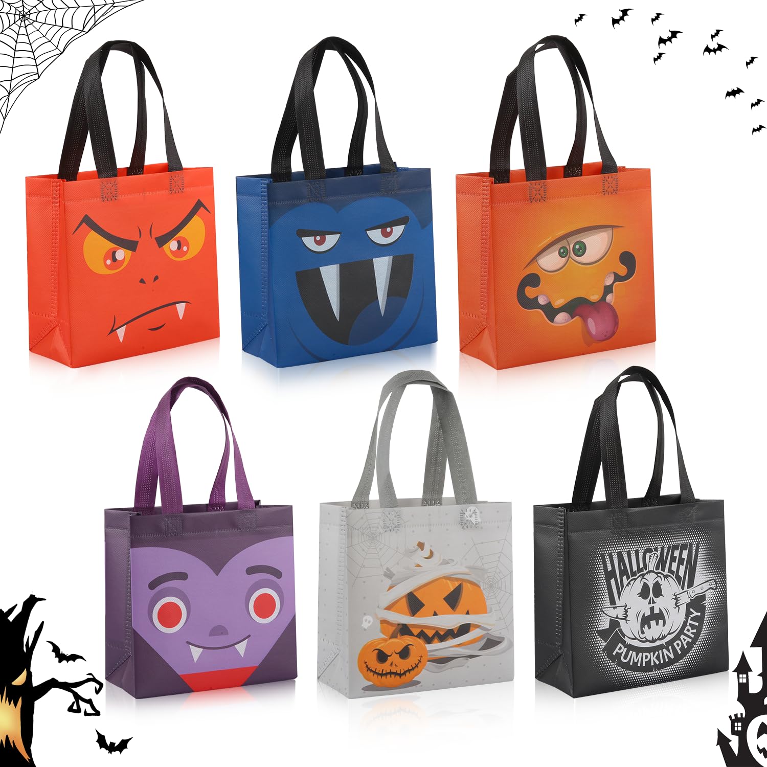 YHCHLHFF 18 Pcs Trick or Treat Bags Halloween Goodie Bags Reusable Non Woven Bags With Handles Halloween Candy bags Party Supplies