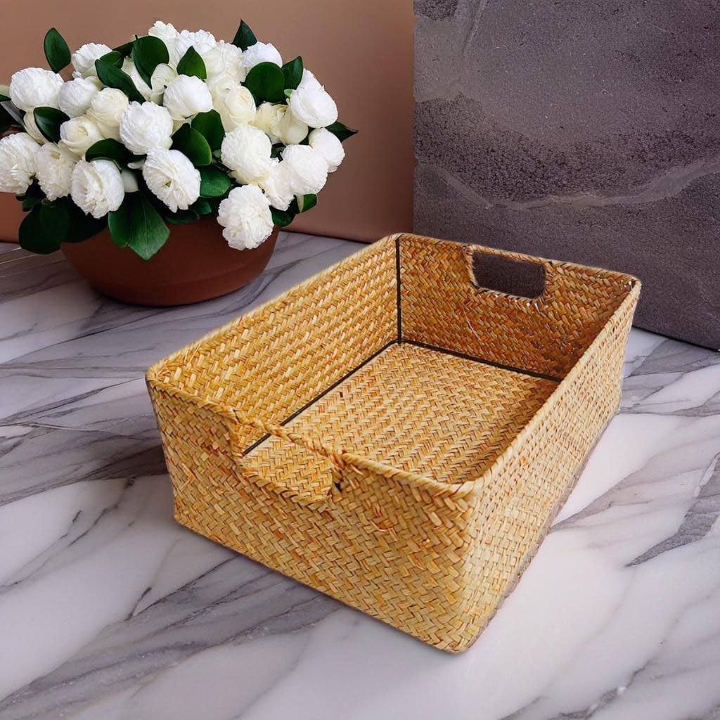 1 Pcs Handwoven Wicker Shelf Baskets, Natural Bamboo Rectangular Organizing Baskets for Shelf/Table, Built-in Iron Rack Wicker Storage Basket for Snack Cat Strip Small Things